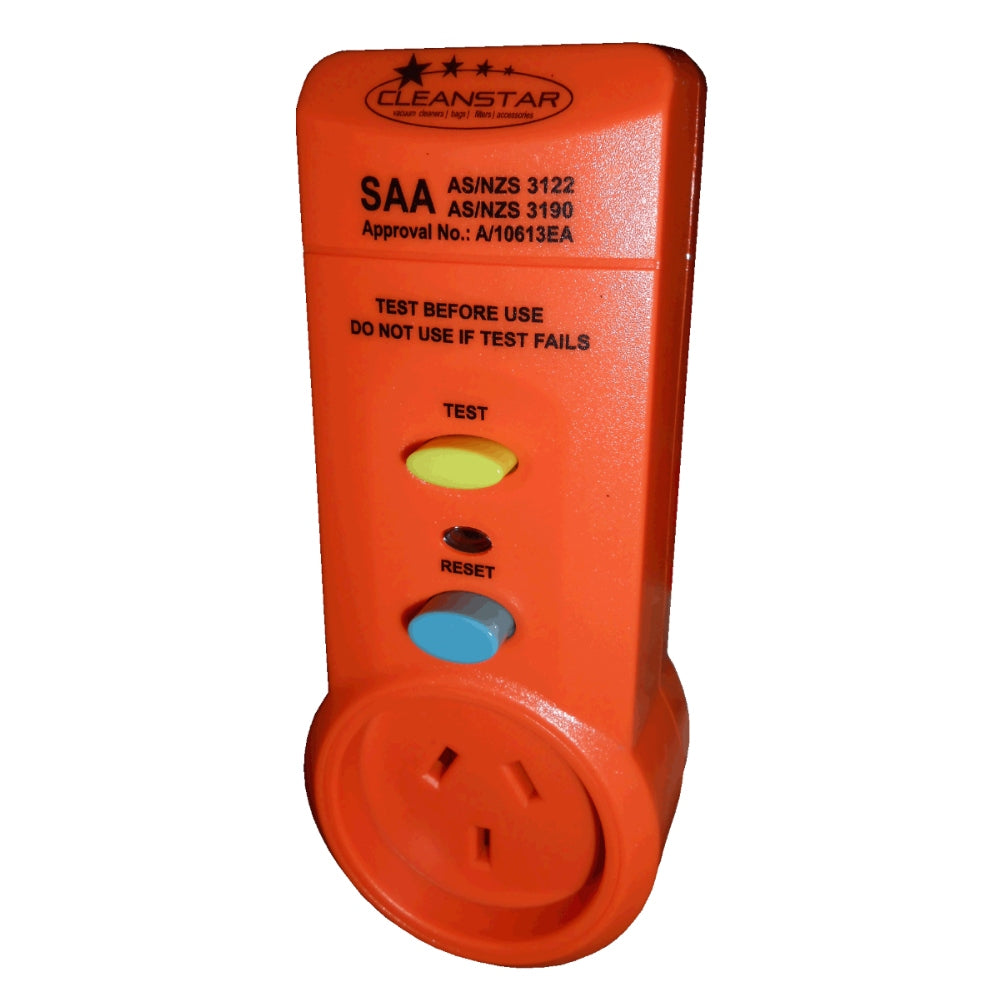 Orange electrical safety tester with visible branding and certification details on a white background