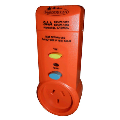 Orange electrical safety tester with visible branding and certification details on a white background