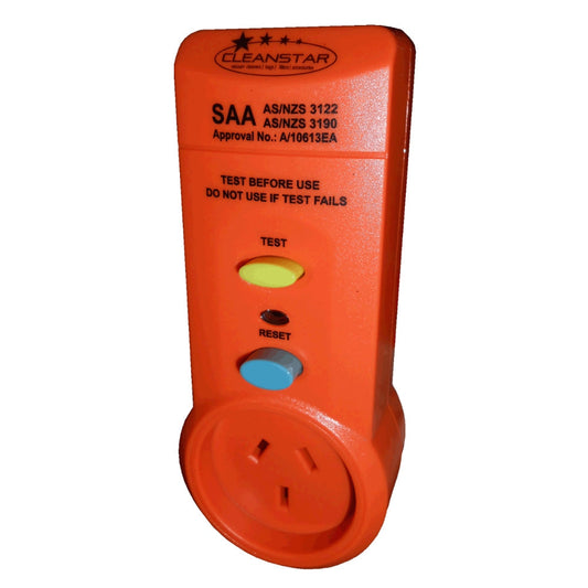 Orange electrical safety tester with visible branding and certification details on a white background