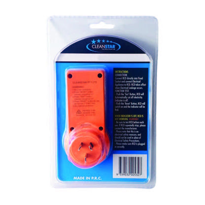 Orange electrical plug in clear packaging with blue label on a white background