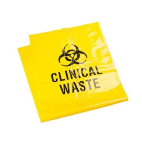 Yellow clinical waste bag with biohazard symbol and text on a white background