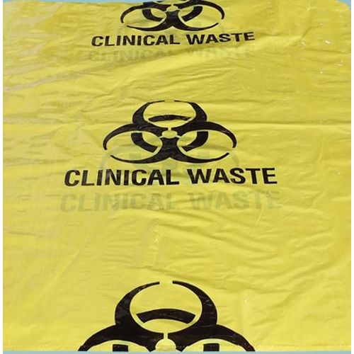 Yellow clinical waste bag with black biohazard symbols and text.