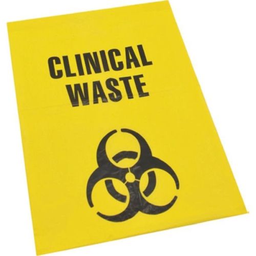 Yellow waste bag with 'Clinical Waste' text and biohazard symbol on a white background