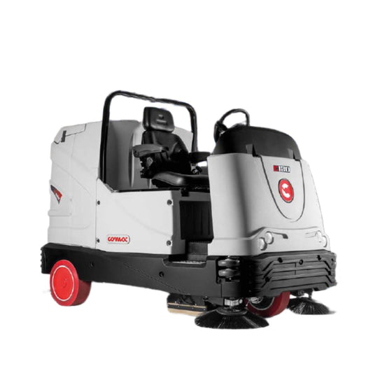 Comac floor cleaning machine with red and black details on a white background