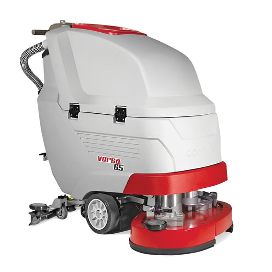 Floor cleaning machine with red and gray design on a white background