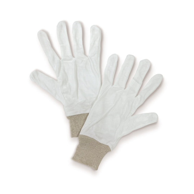 Pair of white gloves with beige cuffs on a white background