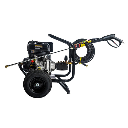 Pressure washer with hose and nozzle on a white background