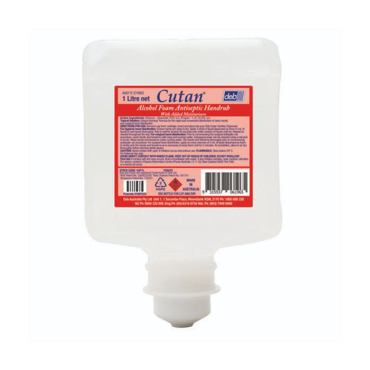 Cutan alcohol foam antiseptic handrub container with label on a white background
