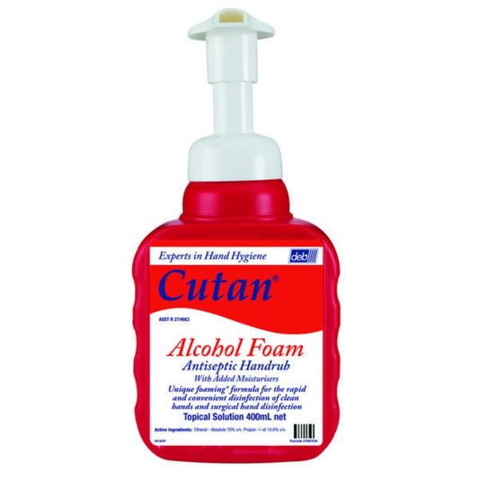 Red bottle of Cutan Alcohol Foam Antiseptic Handrub on a white background