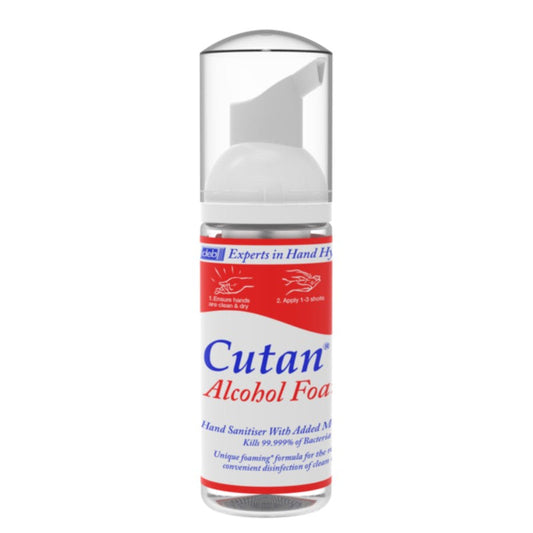Cutan Alcohol Foam hand sanitiser bottle on a white background