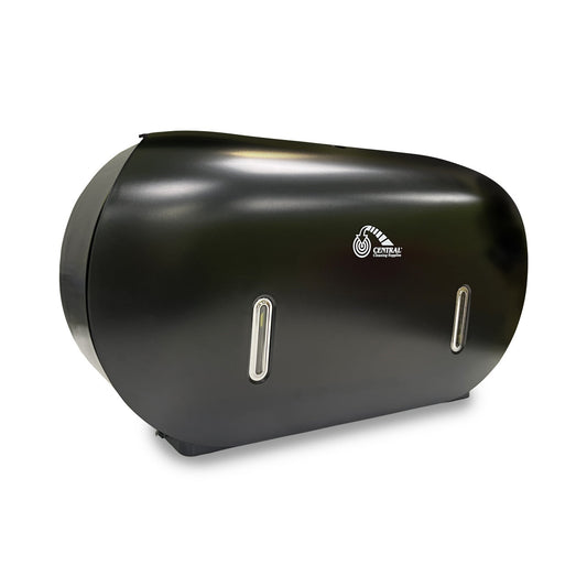 Black paper towel dispenser with Central Cleaning Supplies brand logo on a white background
