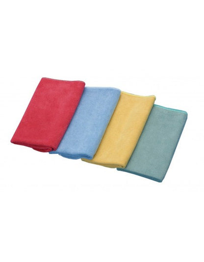 Four colorful cloths in red, blue, yellow, and green on a white background