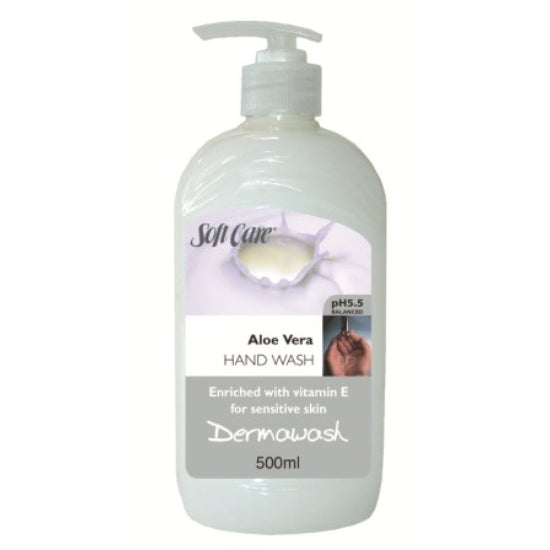 Bottle of Soft Care Aloe Vera Hand Wash on a white background