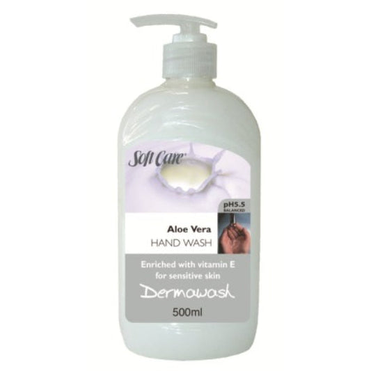 Bottle of Soft Care Aloe Vera Hand Wash on a white background