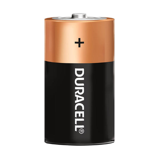 Duracell battery with copper top and black bottom on a white background