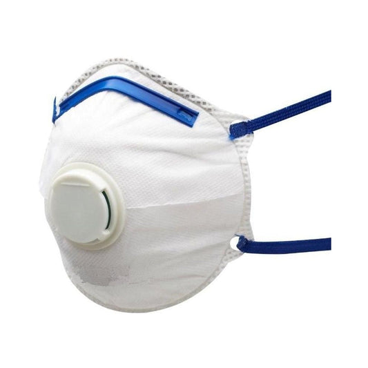 White face mask with blue straps on a white background