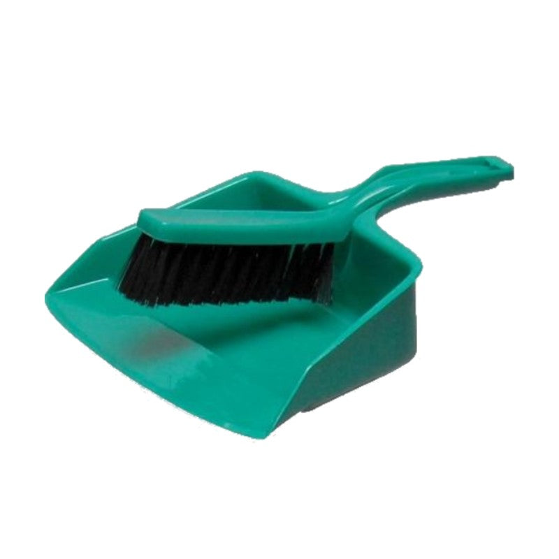 Green dustpan and brush set on a white background