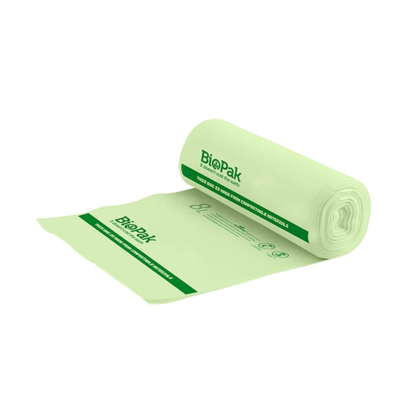 Roll of green Biopak compostable bags on a white background