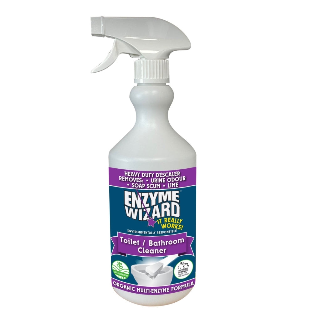 Enzyme Wizard toilet and bathroom cleaner spray bottle on a white background