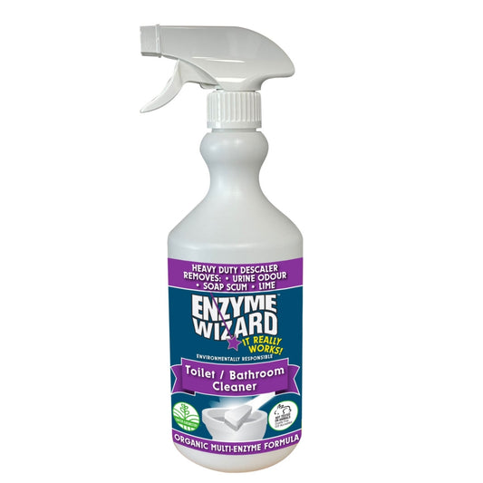 Enzyme Wizard toilet and bathroom cleaner spray bottle on a white background