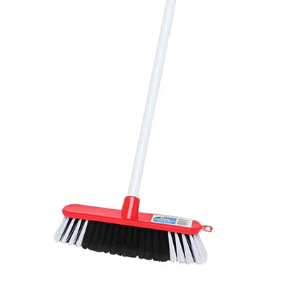 Red and black broom with a white handle on a white background