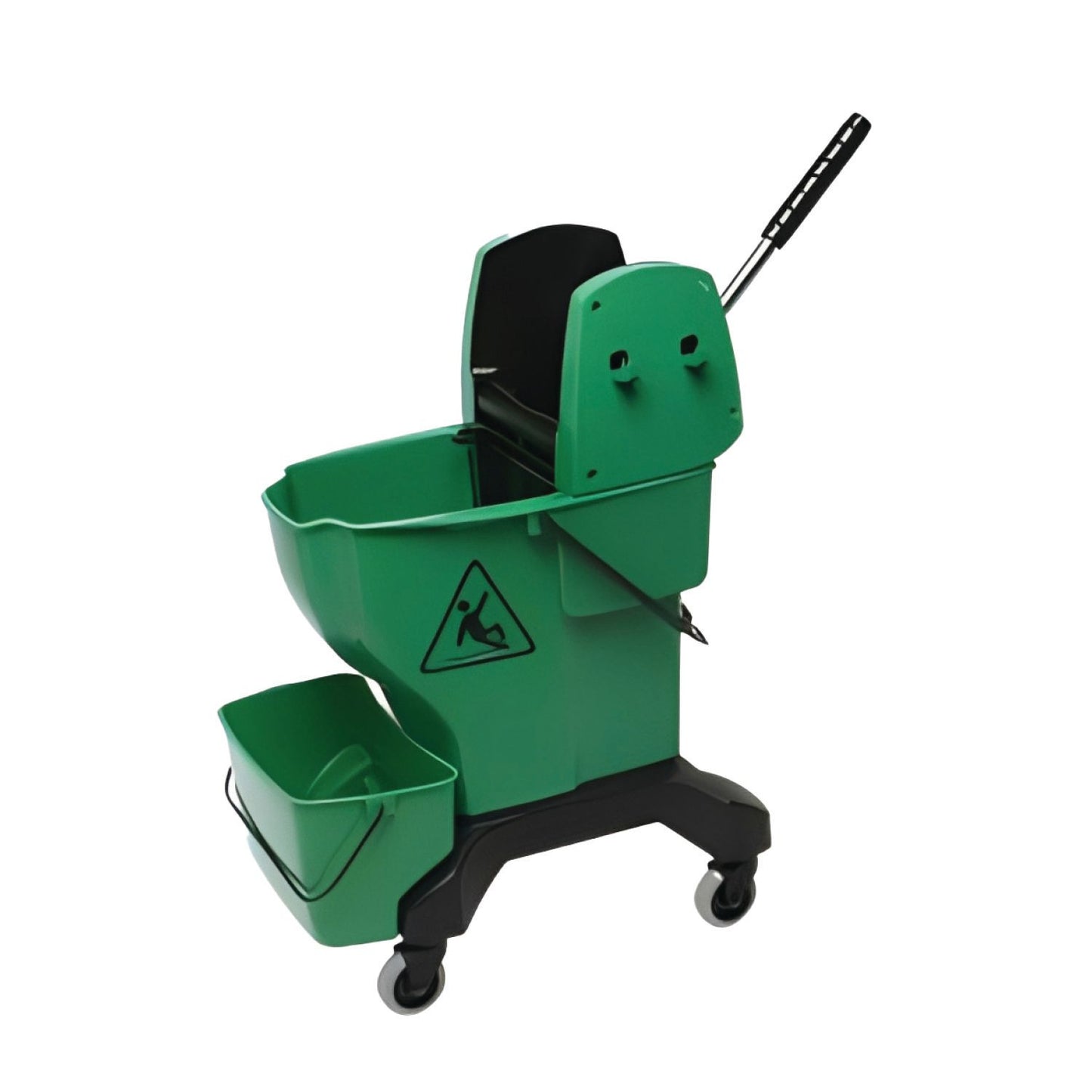 Green cleaning bucket with wringer on a white background