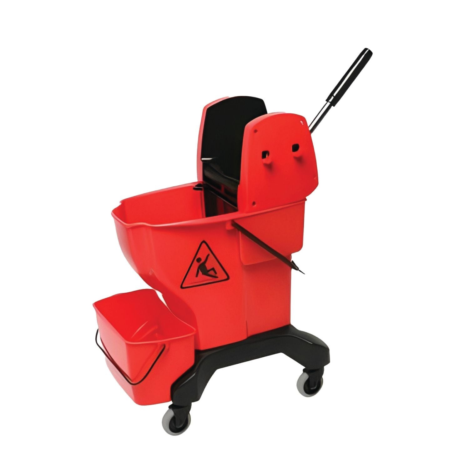 Red cleaning bucket with wringer on a white background