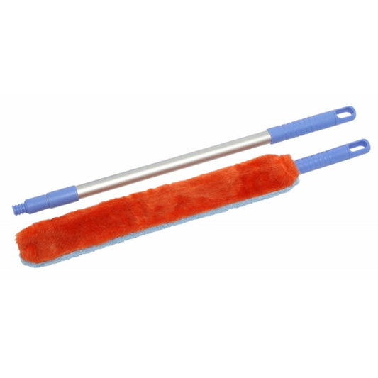 Dusting tool with orange fluffy head and blue handles on a white background