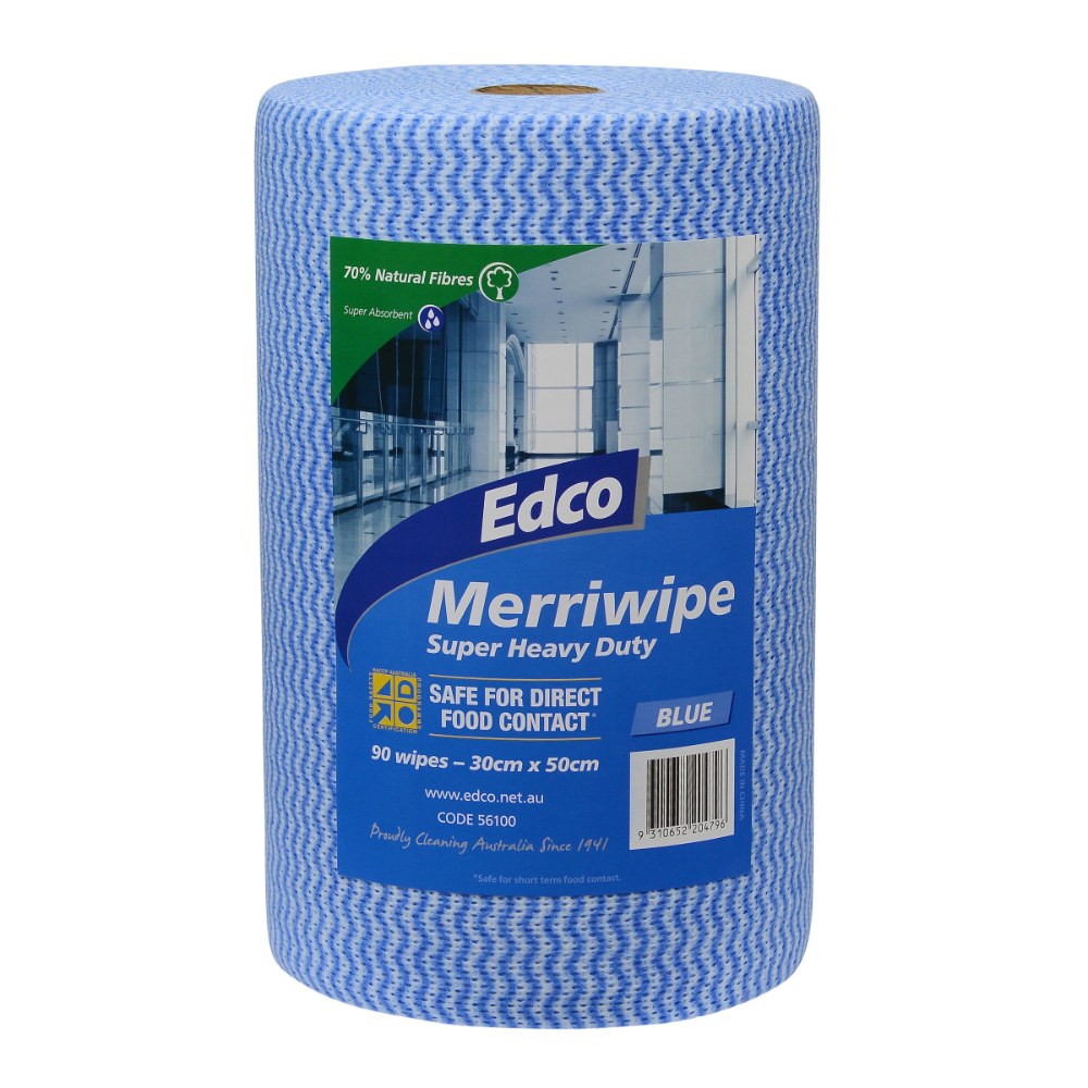 Roll of Edco Merriwipe Super Heavy Duty blue wipes on a white background