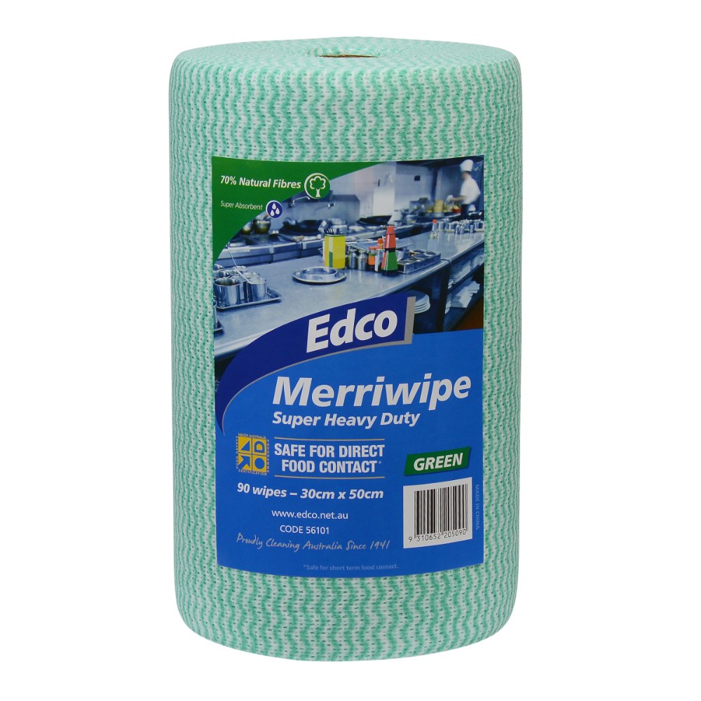 Roll of green Merriwipe super heavy duty wipes with Edco branding on a white background