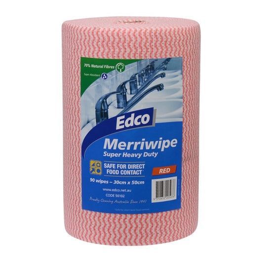 Roll of Edco Merriwipe Super Heavy Duty wipes with packaging on a white background