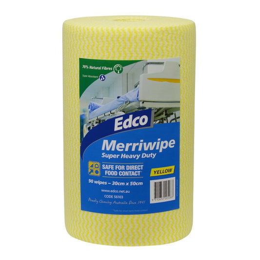 Roll of Merriwipe super heavy duty yellow wipes with Edco branding on a white background
