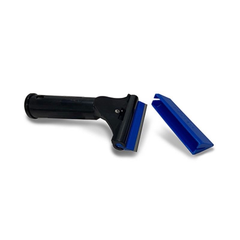 Black squeegee with blue rubber blade on a white background