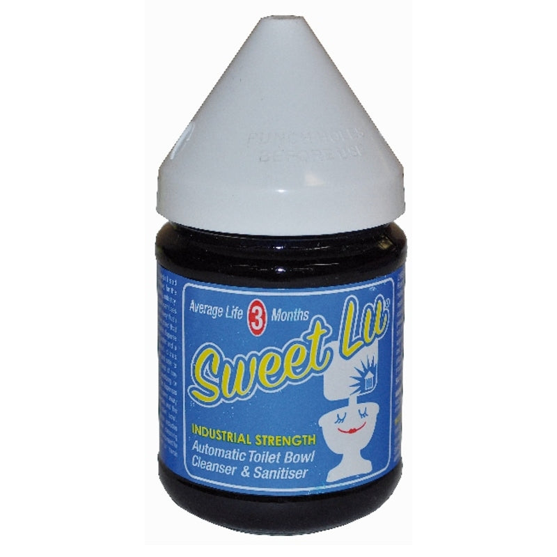Bottle of Sweet Lu toilet bowl cleaner with blue label and white cap on a white background