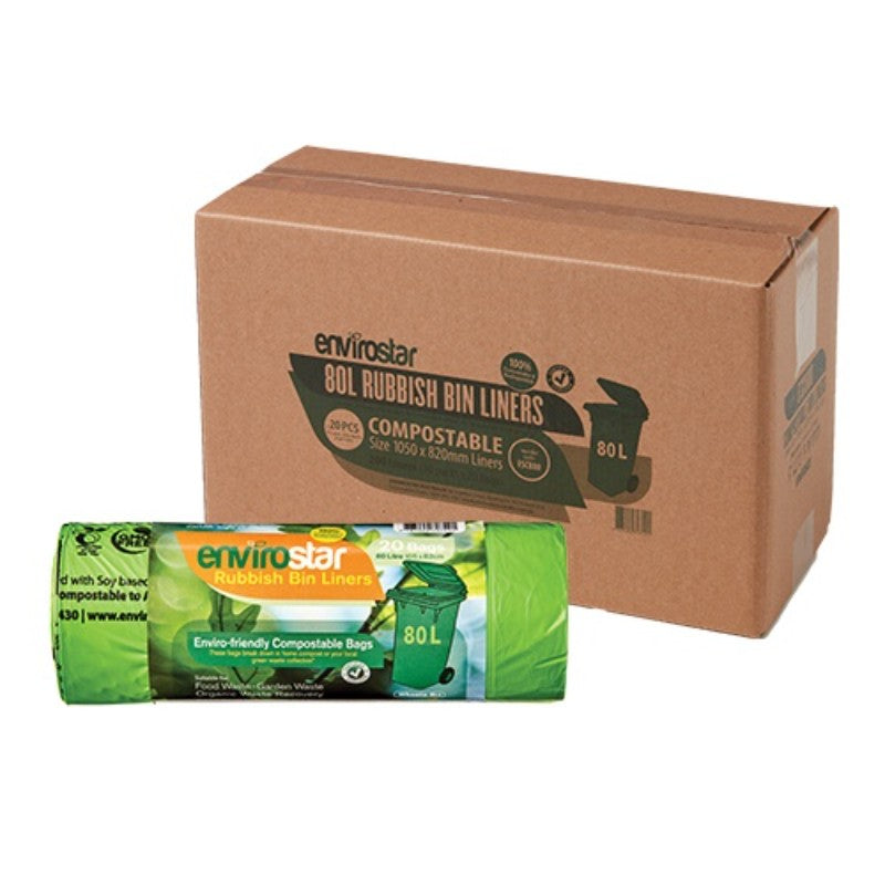 Box of Envirostar 80L compostable rubbish bin liners with a roll of green bags on a white background