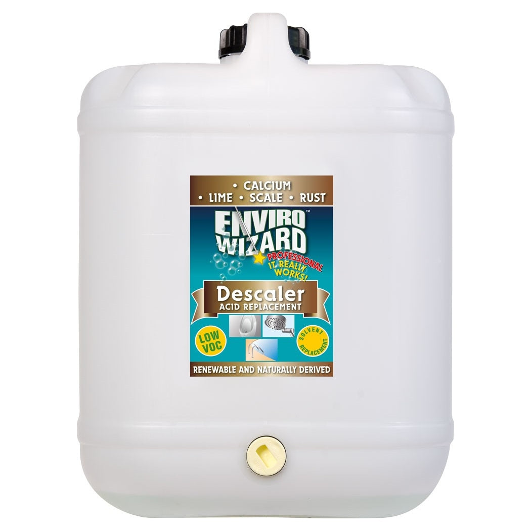 White container with Enviro Wizard Descaler label on a white background