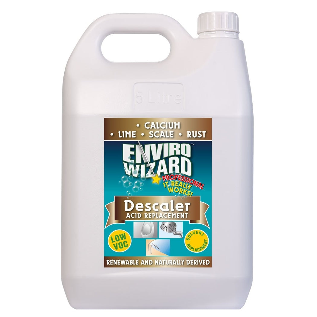 White bottle of Enviro Wizard Descaler Acid Replacement on a white background