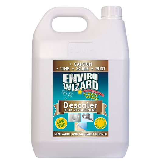 White bottle of Enviro Wizard Descaler Acid Replacement on a white background