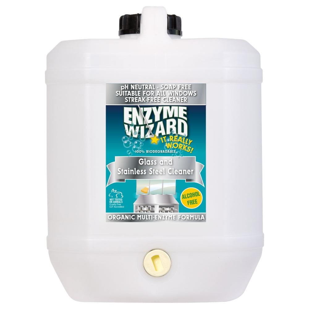 Enzyme Wizard glass and stainless steel cleaner container on a white background