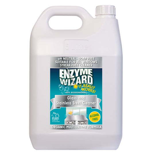 Enzyme Wizard glass and stainless steel cleaner bottle on a white background