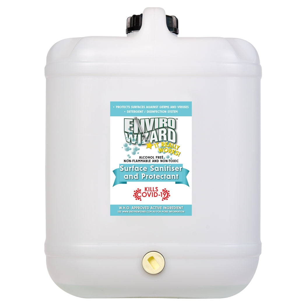 Large white container of Enviro Wizard Surface Sanitiser and Protector on a white background