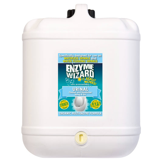White container with blue label for Enzyme Wizard Urinal Cleaner on a white background