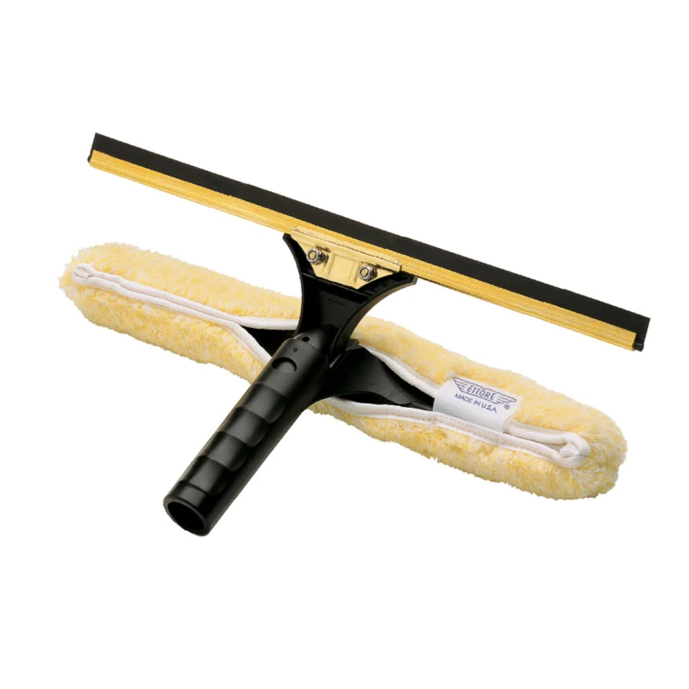Window cleaning tool with squeegee and scrubber on a white background