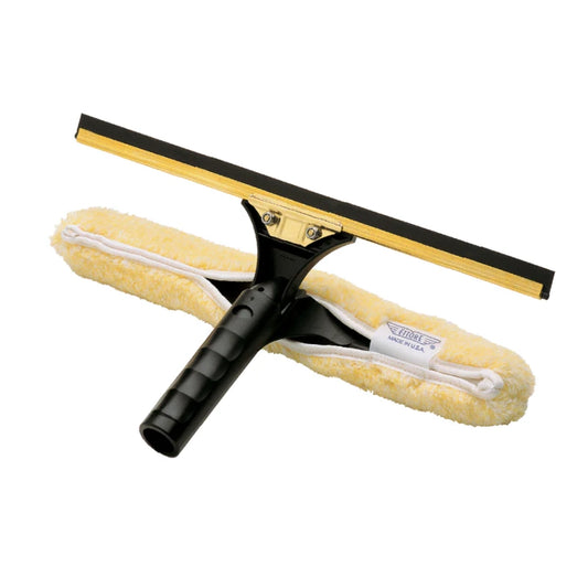 Window cleaning tool with squeegee and scrubber on a white background
