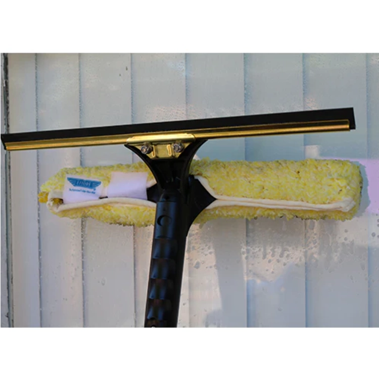 Window cleaning tool with squeegee and microfiber pad on a white background