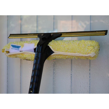 Window cleaning tool with squeegee and microfiber pad on a white background