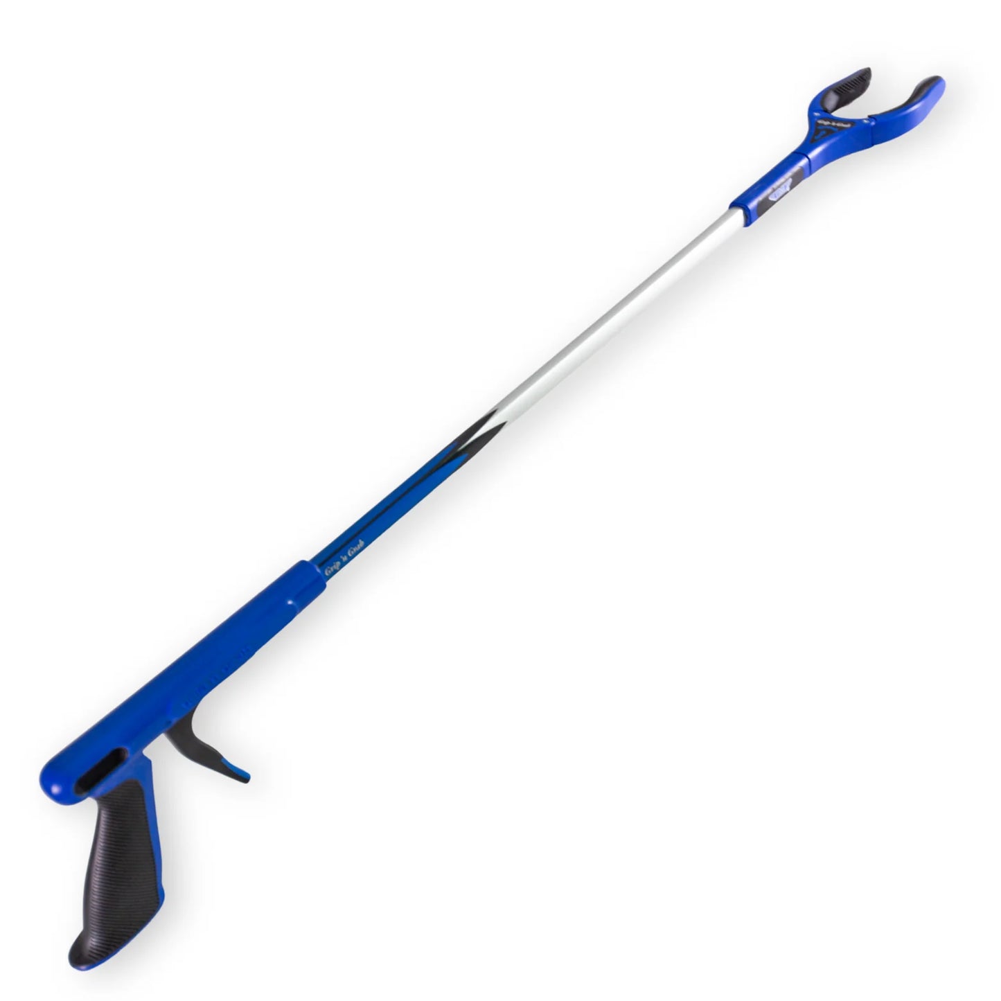 Blue and black tool with a long handle on a white background