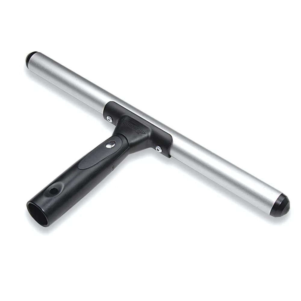 Squeegee with black handle and silver blade on a white background