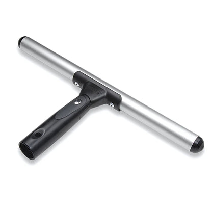 Squeegee with black handle and silver blade on a white background