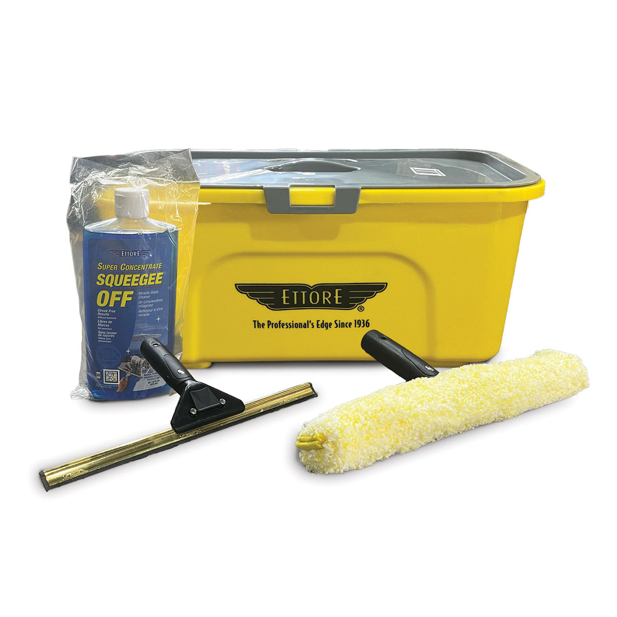 Window cleaning kit with yellow bucket, squeegee, and microfiber roll on a white background